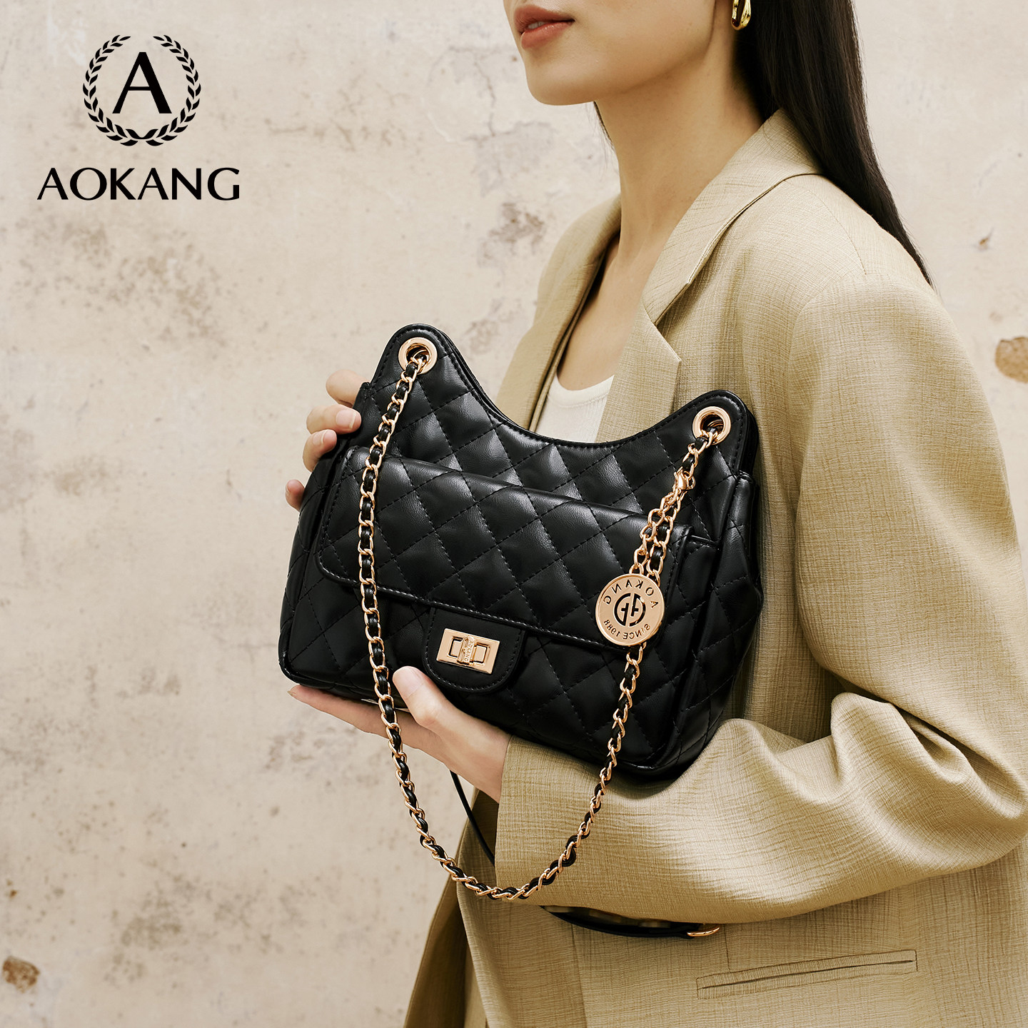 奥康链条腋下包2026新款包包大容量女式单肩包轻奢高级菱格斜挎包,淘宝优惠券,粉丝福利购,淘宝优惠卷