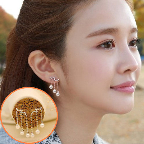 韩国明星刘仁娜同款 925纯银珍珠耳钉女耳环水滴流苏长款锆石耳坠 - 图0