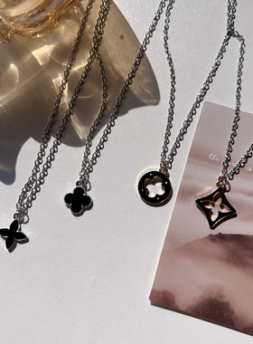 宇宙射线-镂空菱形黑色吊坠小众设计冷淡风森系简约百搭款式项链