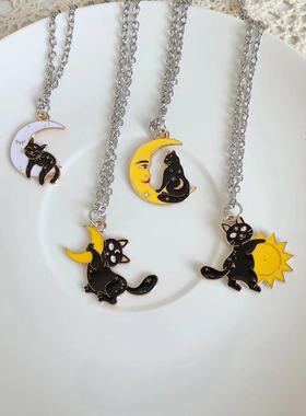 宇宙射线-小众设计冷淡白月亮黑色猫咪吊坠童趣创意个性简约百搭
