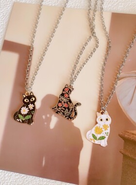 宇宙射线黑色花朵猫咪项项链