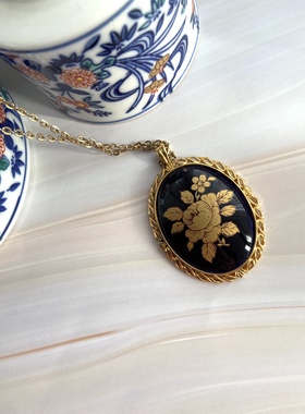 法国产 利摩日LIMOGES 纯金描金钴蓝色瓷器 玫瑰中古瓷片挂件收藏