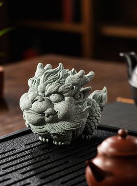 国风青砂石雕招财镇宅瑞兽麒麟鱼缸造景家居创意庭院茶宠玄关摆件