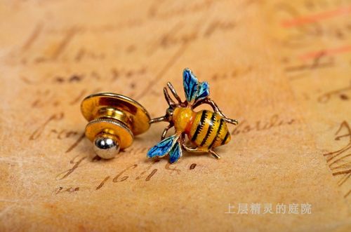 SOLD【上层精灵的庭院】Art Deco古董纯金大黄蜂胸针珐琅金别针 - 图0