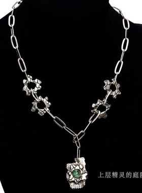 西洋VTG珠宝首饰 野兽派欧美野性手工天然2克拉绿宝石原矿银项链