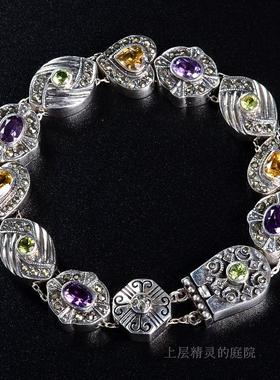 SOLD庭院西洋古董首饰 彩色宝石滑块＆925纯银维多利亚串珠手链