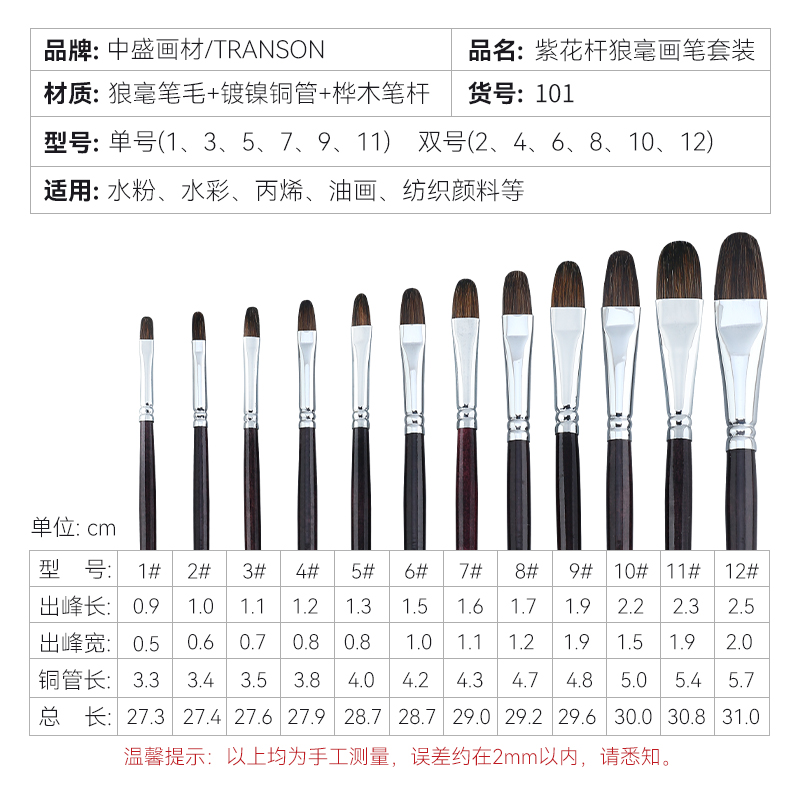 中盛画材 101单双号紫花杆圆峰狼毫水彩笔水粉套装笔油画笔6支装-图1