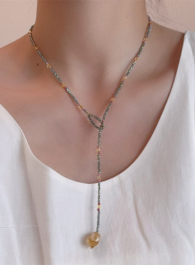 新中式灰绿色天然石项链女时尚复