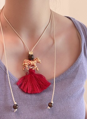 彩绘斑马流苏蜡绳项链女民族风百搭串珠颈链小众设计款长款毛衣链