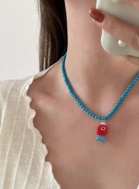 彩色小鱼蘑菇吊坠蓝色串珠项链女