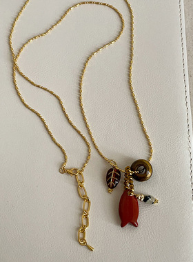 天然石小鱼树叶吊坠项链女复古个性独特时尚潮流气质颈链毛衣链