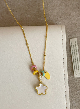 设计感红色滴油贝母双面花朵吊坠项链女个性精致时尚颈链毛衣链