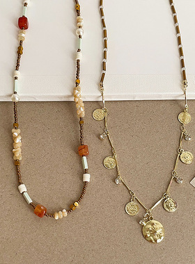 新中式水晶珍珠金币叠戴串珠项链女复古轻奢优雅时尚颈链锁骨链