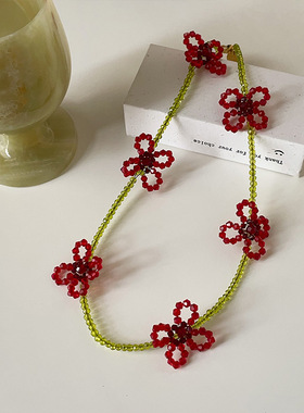 手工款红色花朵水晶串珠项链女轻