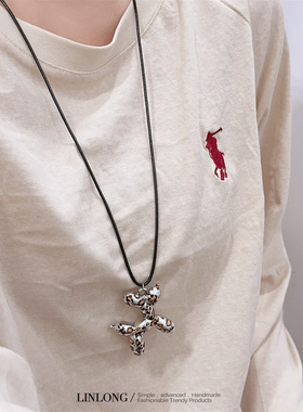 秋冬豹纹爱心吊坠长项链女