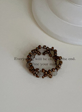 复古个性花朵弹力绳串珠戒指女气质独特小众时尚潮流百搭指环戒子