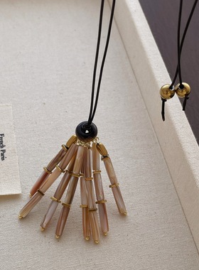 高级感时髦天然牛津贝壳虎眼石流苏串珠项链女细蜡绳毛衣链配饰品