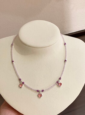 法式珍珠甜美少女梦幻爱心浅紫串珠项链锁骨链粉色爱心锆石颈链女