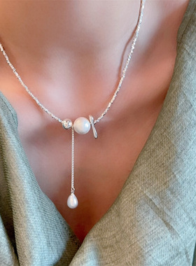 法式轻奢棉花珍珠流苏碎银项链女