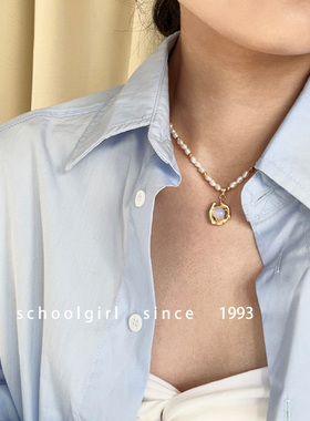 原创设计高级精致蓝色月光石吊坠项链天然淡水米粒珍珠2025年新款