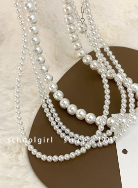 2025年日韩设计感法式复古四层玻璃珍珠项链气质百搭多层锁骨链