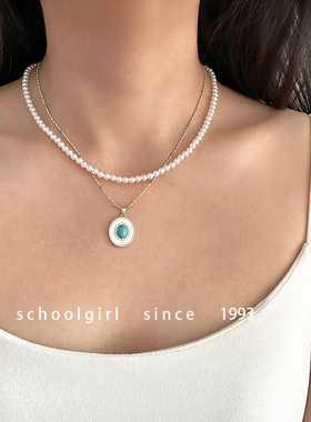 绿松石吊坠项链叠戴水晶珍珠