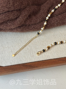 秋冬新款美拉德风棕色虎眼石项链长款叠戴毛衣链复古轻奢高级感