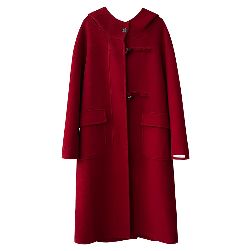 【长款新年战袍】红色圣诞双面羊绒大衣女连帽牛角扣外套