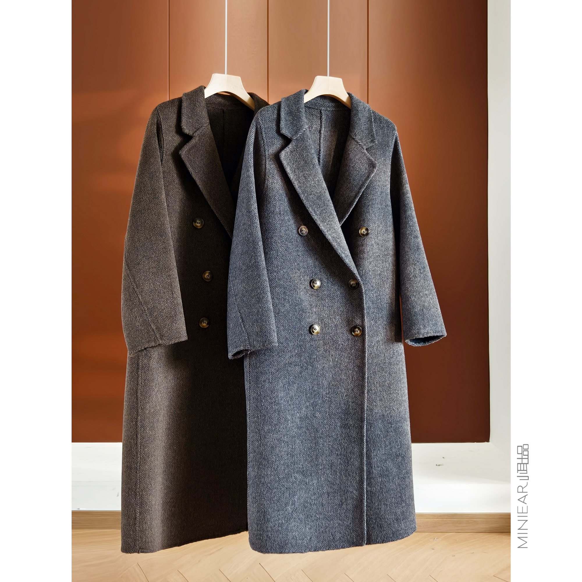 小耳出品【全*贤大衣】重磅人字纹羊毛/起绒缩呢翻领长款毛呢外套 - 图2