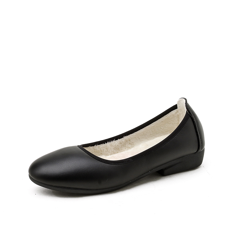 黑色真皮单鞋工作加绒女保暖平底上班毛毛厨房餐厅女鞋圆头羊毛鞋 - 图0