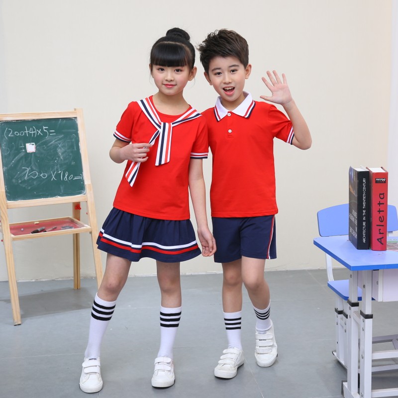 中小学生班服幼儿园园服学校校服英伦风儿童合唱服红色短袖夏套装