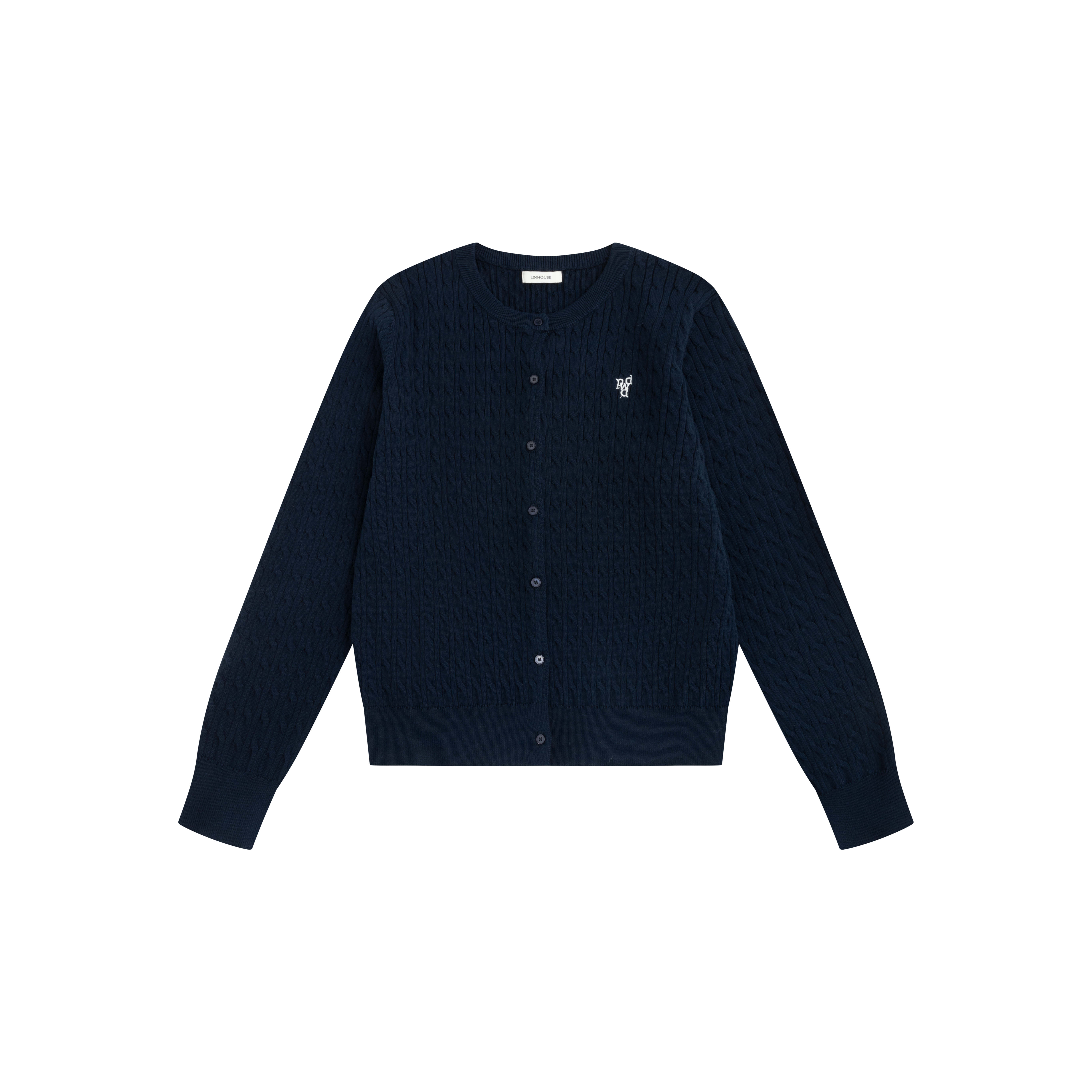 LINHOUSE复古藏蓝麻花刺绣圆领针织开衫通勤白色百搭深灰色上衣女 - 图3