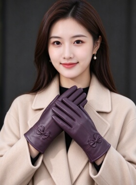 海宁羊皮加绒保暖防水手套女
