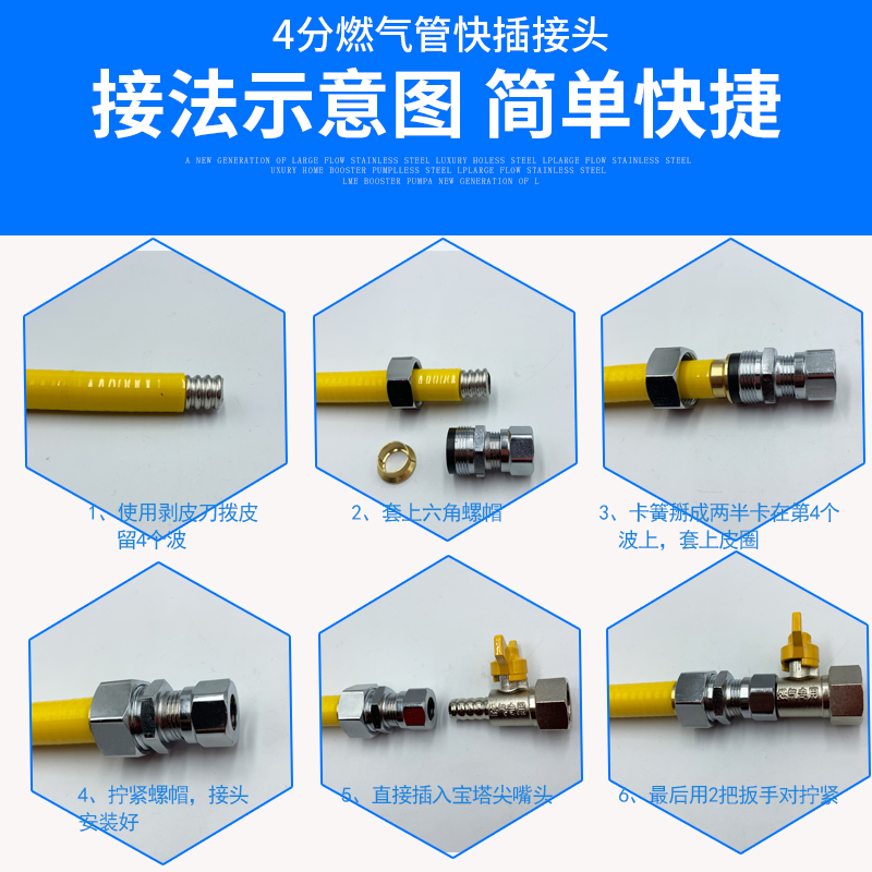 燃气管接头配件天然气家用4分不锈钢波纹管宝塔嘴插口快接铜卡