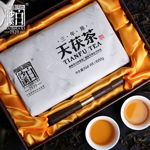 原装白沙溪1kg三年陈天茯茶手筑金花茯砖高山茶黑茶湖南安化正宗 - 图0
