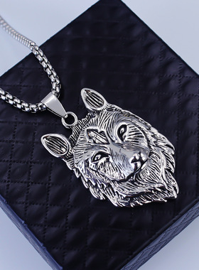 跨境新款不锈钢饰品批发 欧美朋克冰原狼维京狼头钛钢吊坠项链