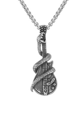 跨境配饰货源批发 男士饰品 个性摇滚朋克项链不锈钢蟒蛇吉他吊坠