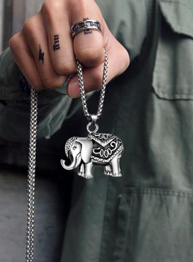 铸造不锈钢复古经典款单面印度泰国六牙神象男嘻哈项链吊坠饰品