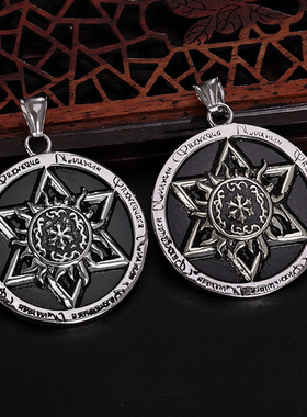 跨境爆款时尚圆形六芒星吊坠项链男士太阳霸气潮人不锈钢街拍