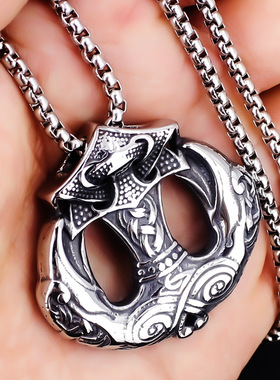 跨境电商热卖款霸气复古钛钢项链男不锈钢雷神之锤项链纹维京配饰