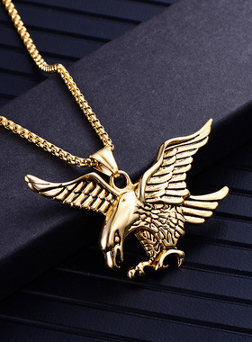 不锈钢项链 钛钢男士雄鹰展翅吊坠电镀金色 欧美时尚饰品批发