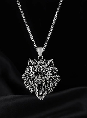 2023欧美跨境复古饰品 朋克摇滚个性合金吊坠 钛钢狼头男士项链
