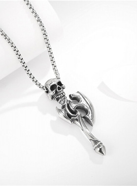 外贸饰品批发朋克 个性霸气开天斧骷髅头钛钢不锈钢吊坠项链首饰