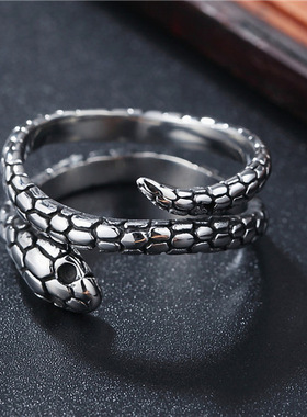 欧美戒指男指环尾戒女眼镜蛇形双圈复古潮人时尚开口食指戒指