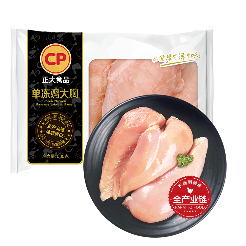 正大食品鸡胸肉去皮新鲜鸡肉冷冻生鲜鸡排批发包邮健身鸡脯肉代餐