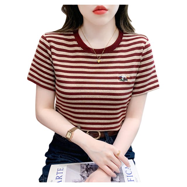 ເສື້ອຍືດແຂນສັ້ນ embroidered Striped ເສື້ອທີເຊີດຂອງແມ່ຍິງວ່າງຄໍຮອບ