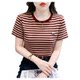 ເສື້ອຍືດແຂນສັ້ນ embroidered Striped ເສື້ອທີເຊີດຂອງແມ່ຍິງວ່າງຄໍຮອບ