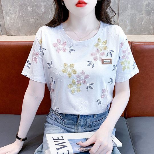 时尚印花短袖t恤女宽松休闲百搭女士上衣2025夏季圆领雪纺衫体恤