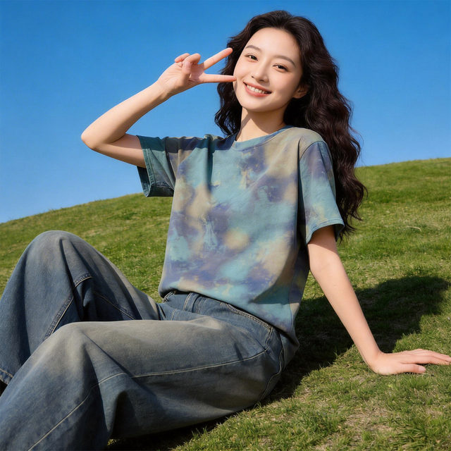 New Retro Tie Dye ເສື້ອຍືດແຂນສັ້ນຂອງແມ່ຍິງ Summer Loose