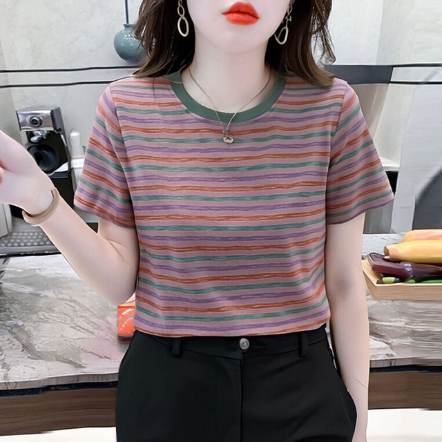 Rainbow Striped Right Shoulder T-Shirt Women's Summer New Loose